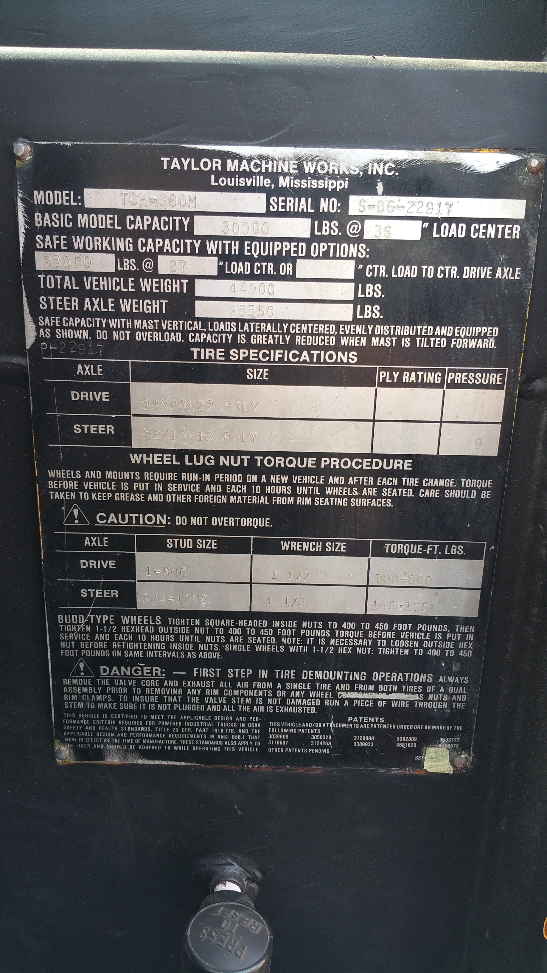 30,000lb. Capacity @ 36" Load Center Taylor Hard-Tire Forklifts (3 Available) For Sale