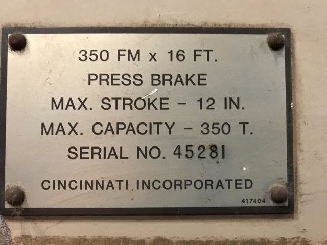 350 Ton Capacity Cincinnati Hydraulic Press Brake For Sale
