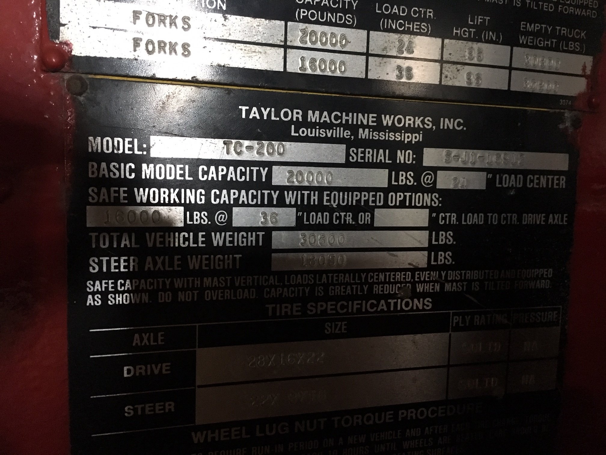 20,000 lb. Capacity Taylor Forklift For Sale